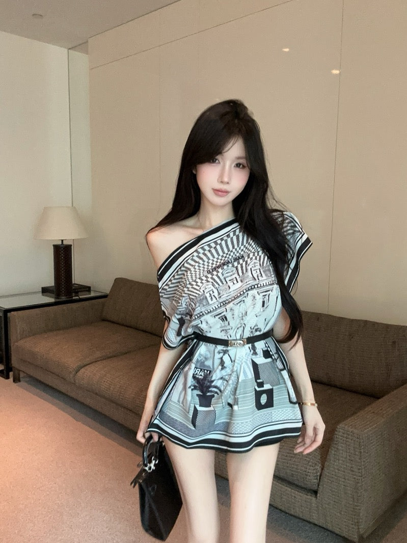 Vogue Asymmetric Neckline Abstract Pattern Print Mini Skirt Y2K Style Date Night Cinched-Waist With Belt Short Dress AP1652