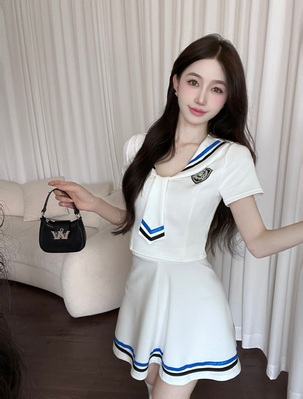 Academic Style Two-Piece Set Color Block Mini Skirt Charming Bow Tie Sailor Uniform Short Sleeve Short Dress AP1653