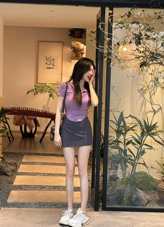 Everyday Wear Color Block Trimmed Two-Piece Set Mini Skirt Chic Hot Girls Short Sleeve Bodycon Slit Short Dress AP1654