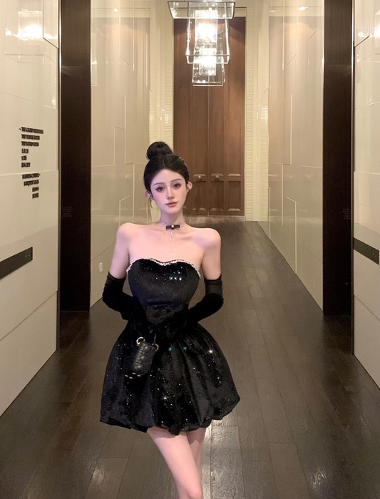 Luxurious Strapless Black Velvet Detachable Sleeve Mini Dress Charming Glittering Sequins Design Evening Outfit Beading Neckline Short Dress AP1660