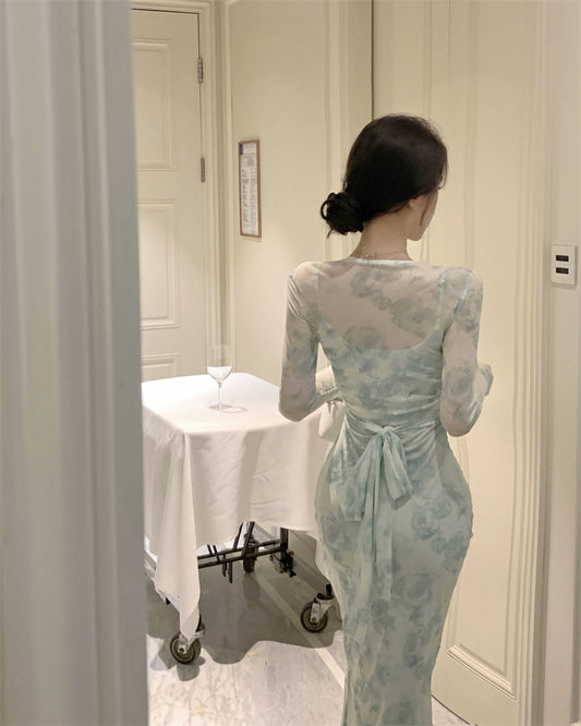 Novelty Blue-Green Watercolor Print 2-Piece Set Maxi Skirt Vintage Long Sleeve Sheer Mesh Cardigan Long Dress AP1661