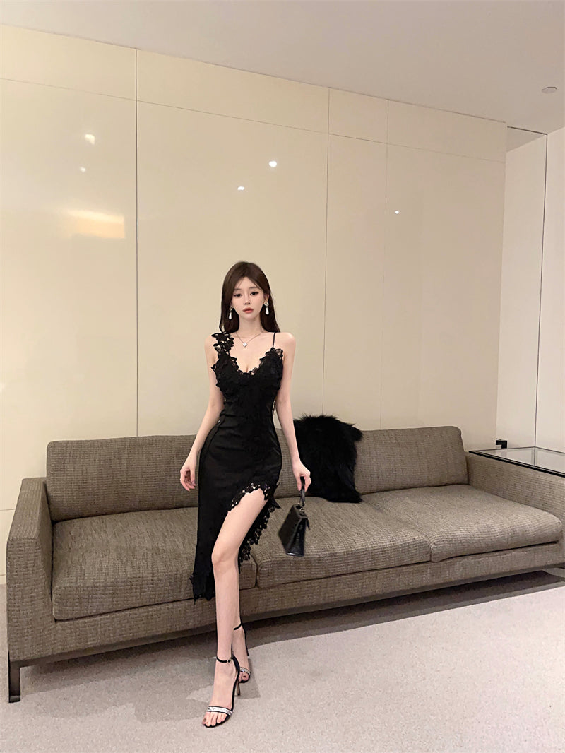 Sexy Black Lace Evening Party Asymmetric Hem Maxi Dress Novelty Spaghetti Strap High Slit Bodycon Long Dress AP1667