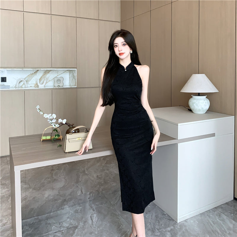 Minimalist Black Round Neck Midi Dress Alluring Everyday Outfit Side Slit Halter Long Dress AP1672
