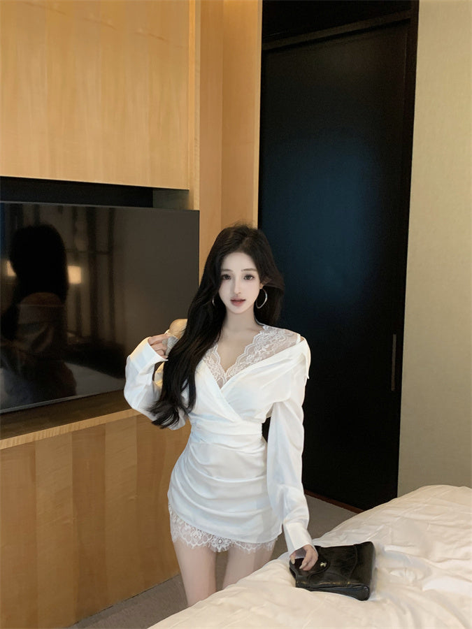 New Fashion White Satin Off-Shoulder Mini Skirt Novelty Natural Ruched Lace-Paneled Date Night Short Dress AP1682