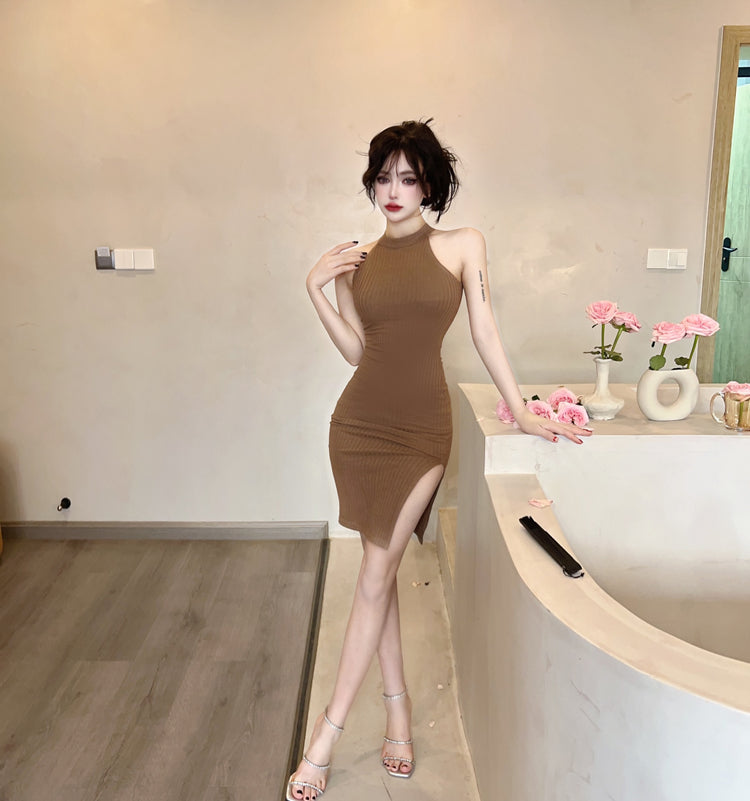 New Fashion Sleeveless Bodycon Mini Skirt Classical Ribbed Knit Side Split Halter Short Dress AP1695