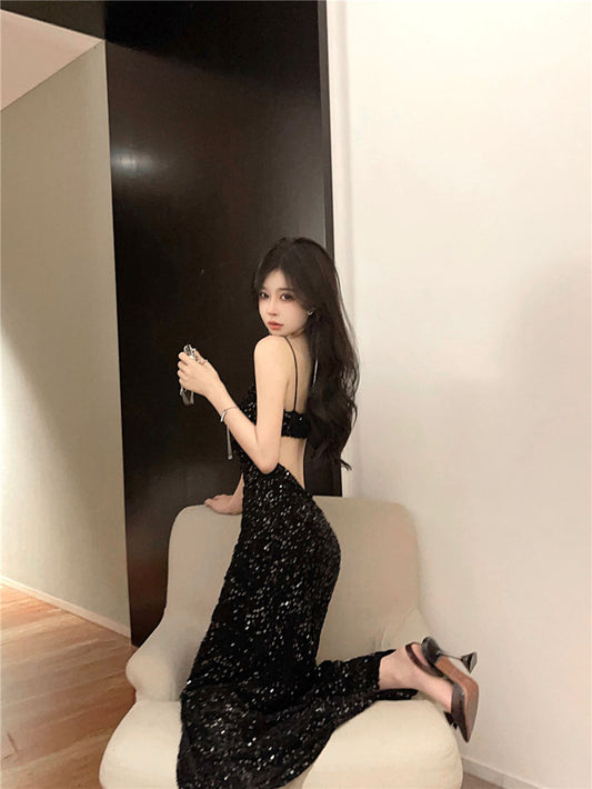 Luxurious Shining Black Sequin Spaghetti Strap Maxi Dress Chic Cut-Out Open Back Evening Outfit Long Dress AP1697