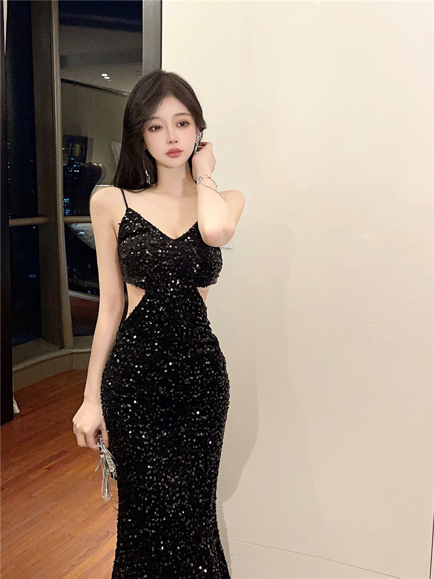 Luxurious Shining Black Sequin Spaghetti Strap Maxi Dress Chic Cut-Out Open Back Evening Outfit Long Dress AP1697
