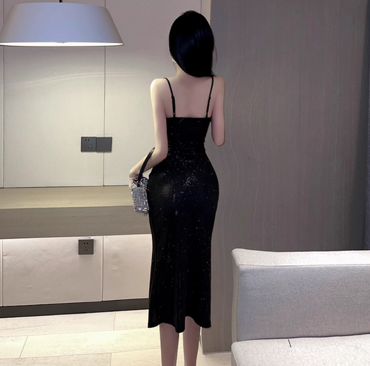 Charming Glittering Sequins Spaghetti Strap Midi Dress Vogue Evening Outfit High-Slit Black Mesh Splicing Long Dress AP1698