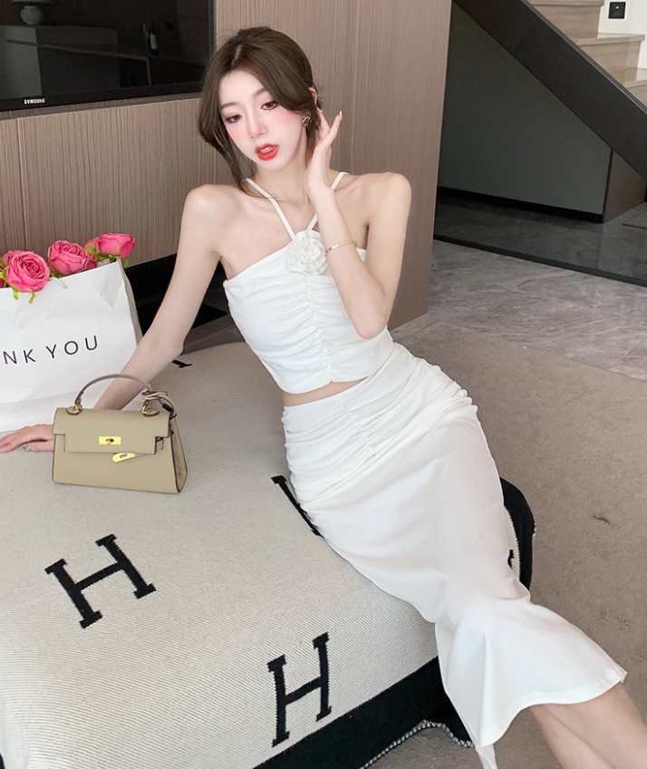 French Style White Draped Two-Piece Set Midi Dress Elegant Flower Design Open-Waist Slit Halter Long Dress AP1702