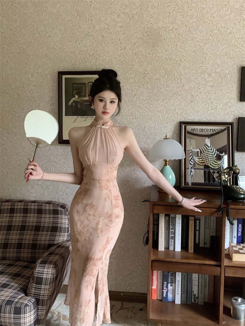 Oriental Style Pink Floral Print Maxi Dress Vintage Side Slit Slim Fit Sheer Mesh Splicing Halter Long Dress AP1703