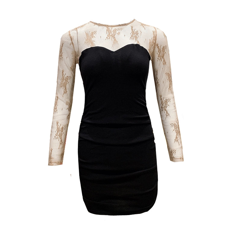 New Arrival Textured Gold Floral Mesh Long Sleeve Mini Skirt Classical Summer Outfit Black Sheath Short Dress AP1711