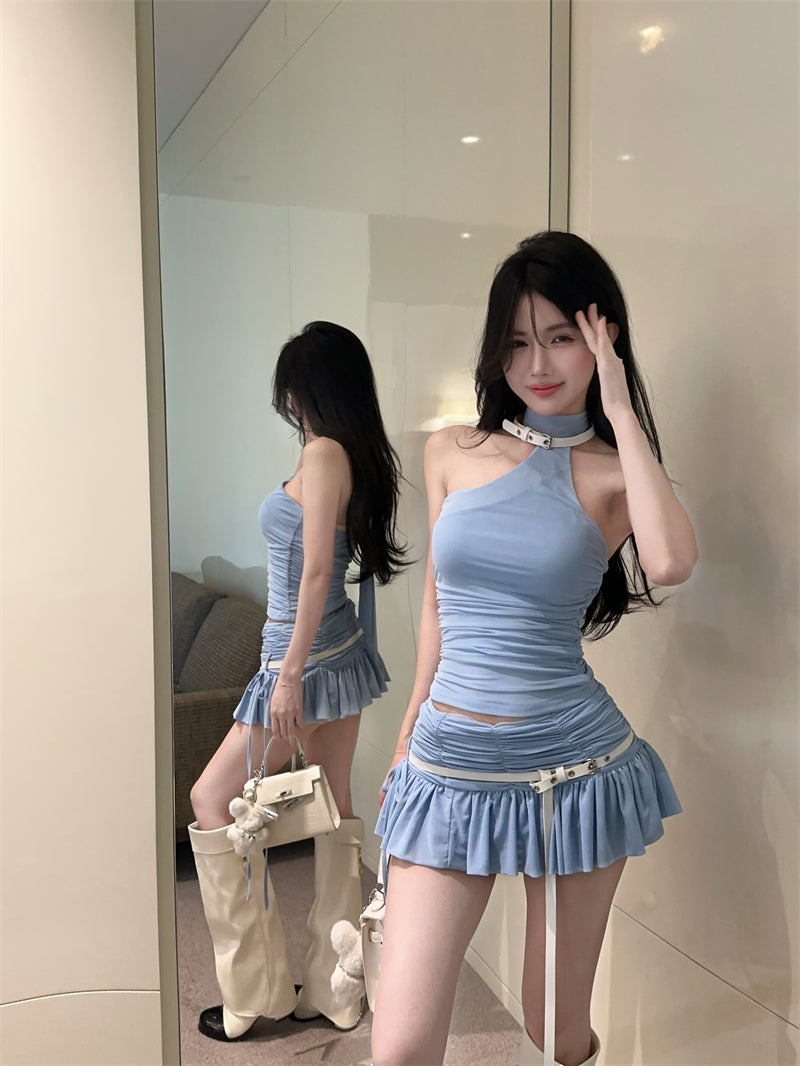 Y2K Style Light Blue Two-Piece Set Mini Skirt Chic Crop Top Ruffles Hem Halter Short Dress AP1720