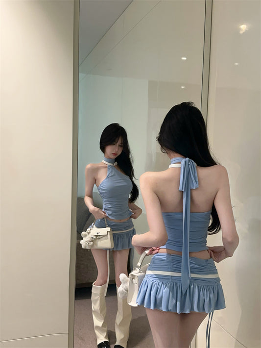 Y2K Style Light Blue Two-Piece Set Mini Skirt Chic Crop Top Ruffles Hem Halter Short Dress AP1720