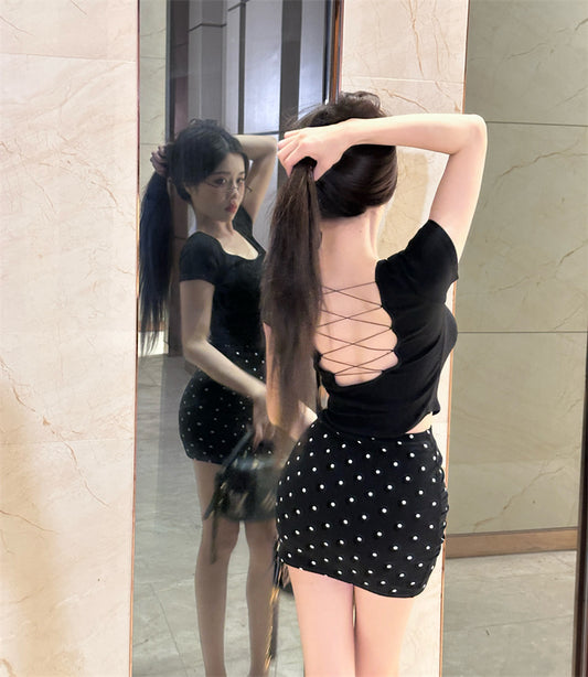 Party-Ready Black Two-Piece Set Polka Dot Bodycon Mini Skirt Charming Open Back Crisscross Top Short Dress AP1724