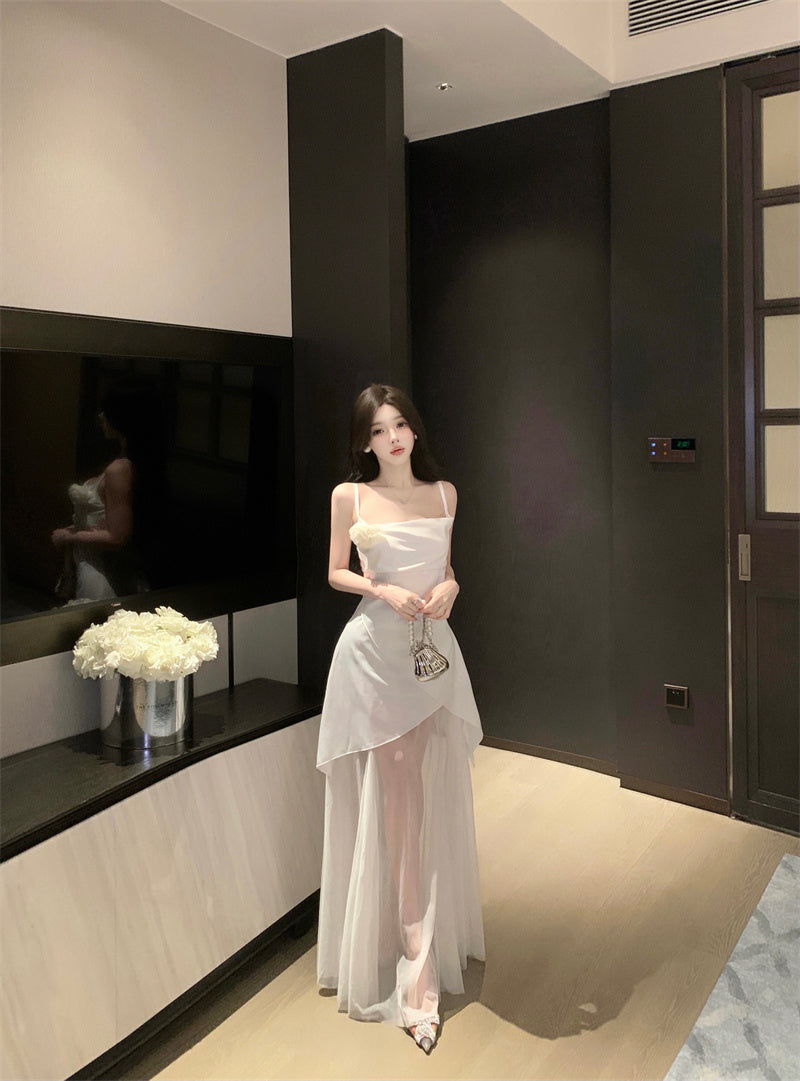 Glamorous Satin Fabric Ruched Spaghetti Strap Evening Maxi Dress White Sheer Tulle Splicing Flower Design Long Dress AP1729