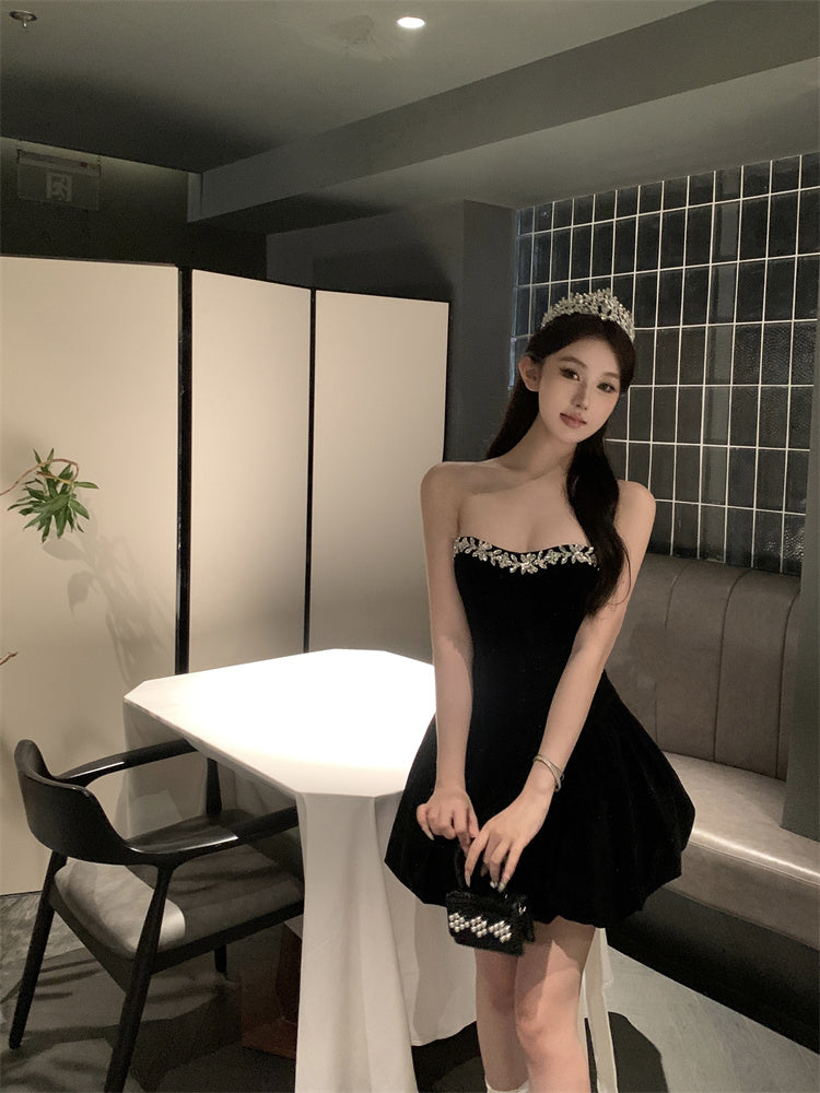 Elegant Black Shimmery Strapless Mini Dress Glamorous Rhinestone Trim Puffy Hem Short Dress AP1733