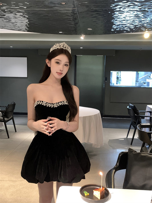 Elegant Black Shimmery Strapless Mini Dress Glamorous Rhinestone Trim Puffy Hem Short Dress AP1733