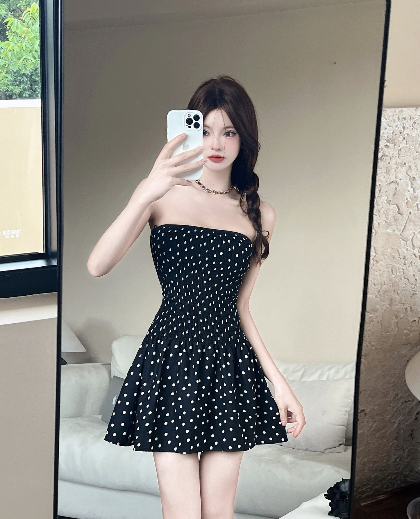 Vibrant White Polka Dot Design Mini Dress Chic A-Line Ruffled Hem Black Short Dress AP1735