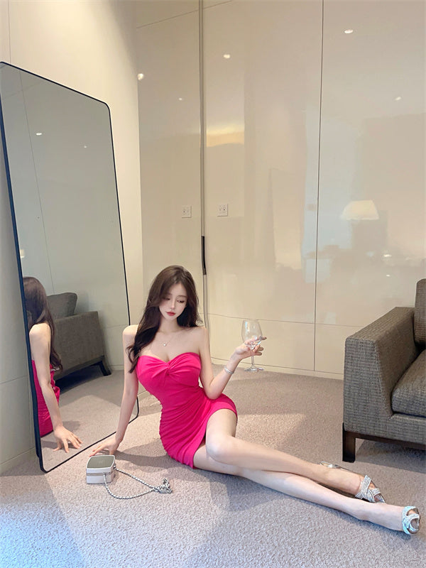 Figure-Flattering Hot Pink Strapless Mini Dress Twist Front Ruched Bodycon Short Dress AP1736