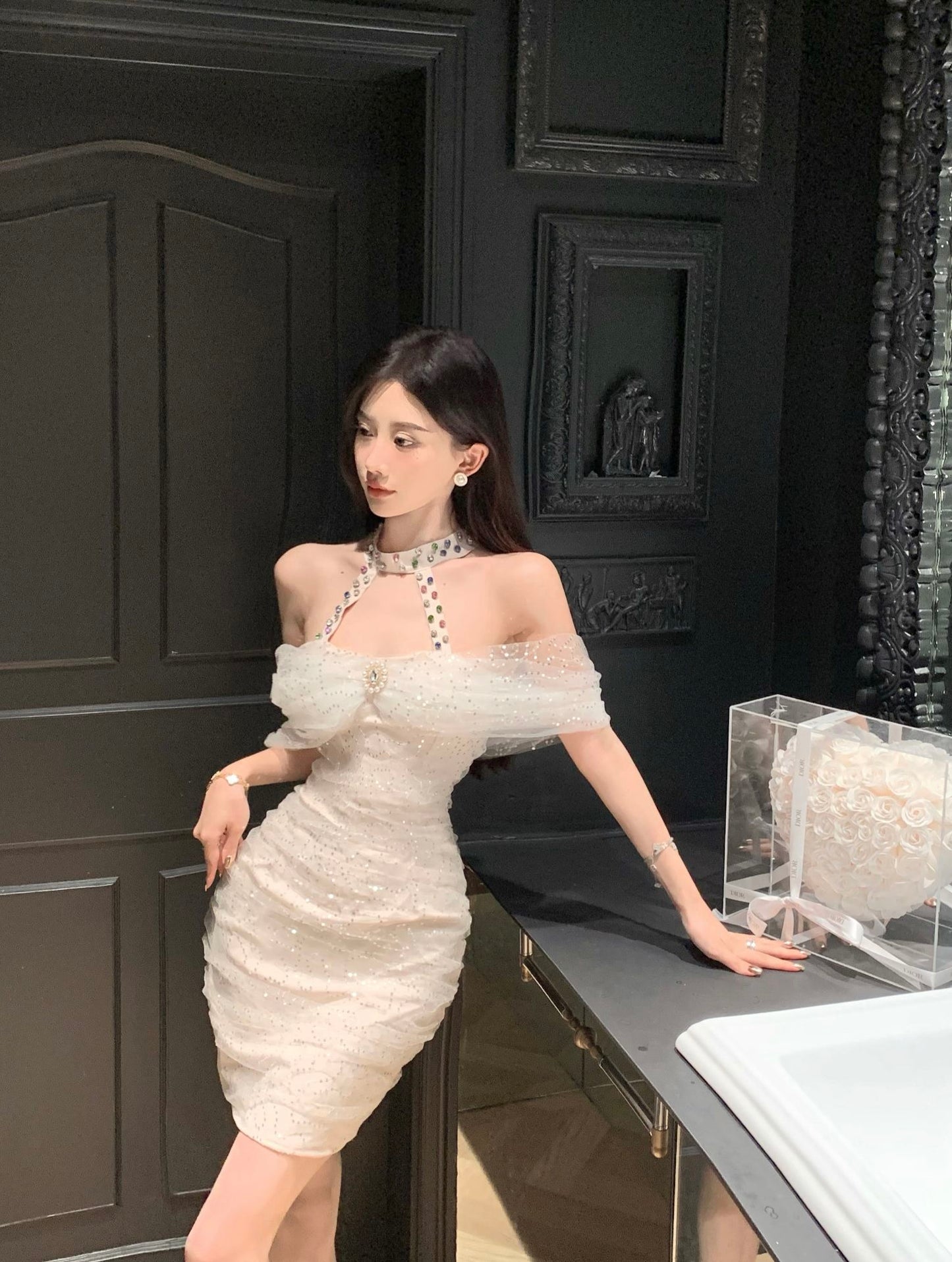 Glam Sequin Light Beige Tulle Off-Shoulder Sequins Accent Mini Skirt Modern Pearl Rhinestone Accent Sheath Halter Short Dress AP1742