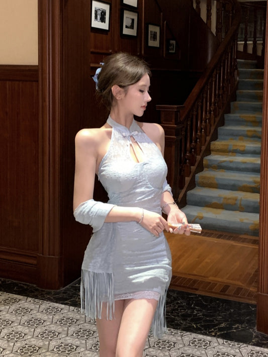 Date Night Vintage Halter Mandarin Collar Light Blue Mini Skirt Chic Lace Trimmed Keyhole Cutout Halter Short Dress AP1745