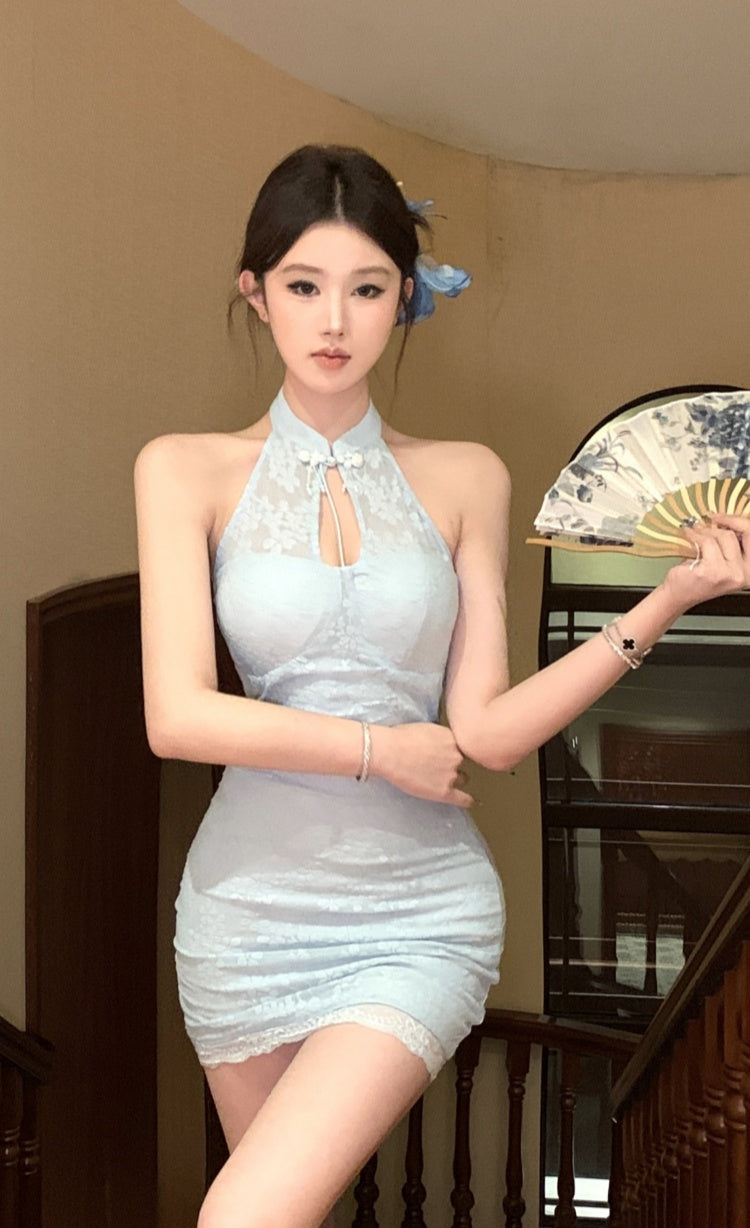 Date Night Vintage Halter Mandarin Collar Light Blue Mini Skirt Chic Lace Trimmed Keyhole Cutout Halter Short Dress AP1745