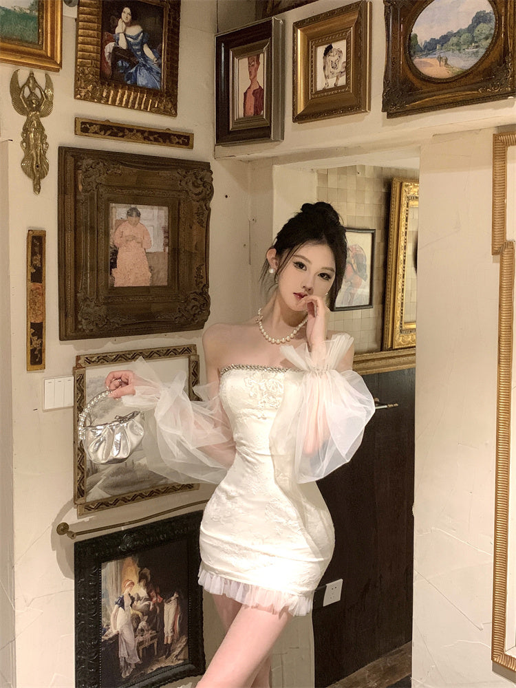 Graceful Beaded Trimmed Strapless Ivory Mini Dress Glamorous Lace Hem Textured Applique Sheath Short Dress AP1751