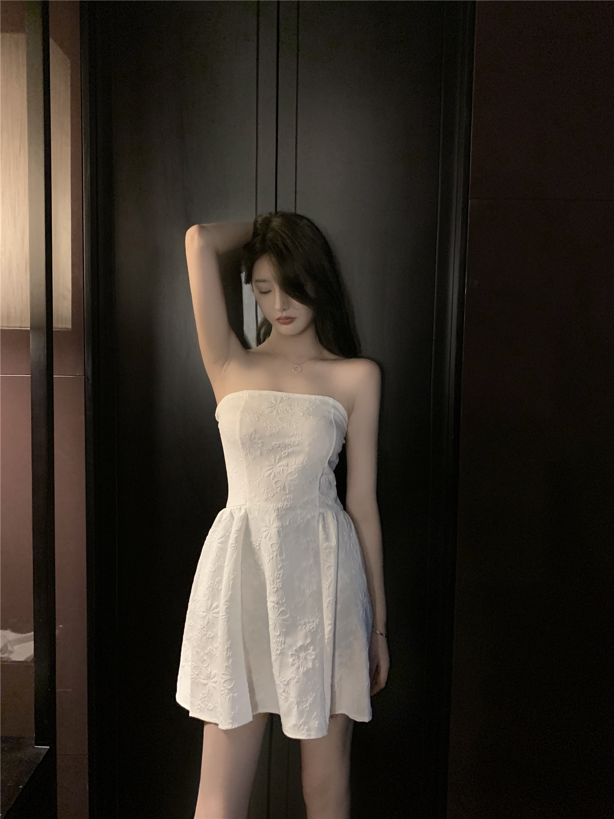 Casual Evening Parties Textured Applique Strapless Mini Dress Vintage Minimalist A-Line Cinched-Waist Short Dress AP1757