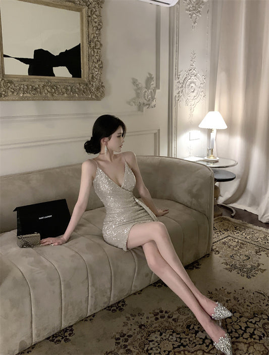 Hot Sales Asymmetric Hem Ruched Mini Dress Vogue Y2K Glittering Sequins Spaghetti Strap Short Dress AP1758