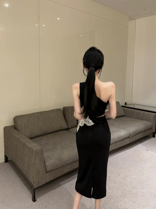 French-Inspired One Shoulder Open-Waist Slit Midi Dress Novelty Butterfly Accent Sheath Long Dress AP1760