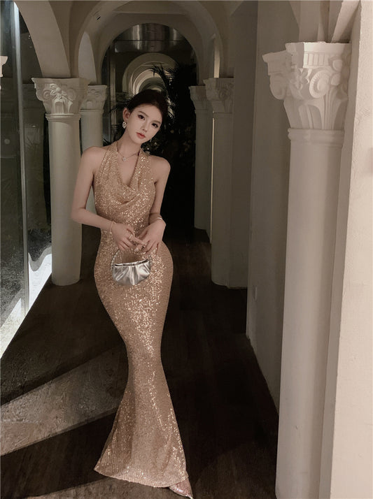 Luxurious Gold Sequin Cowl Neck Maxi Dress Charming Evening Parties Mermaid Backless Halter Long Dress AP1763