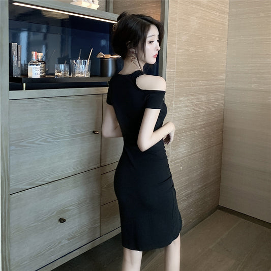 Modern Parties & Dates Black Bodycon One Short Sleeves Midi Dress Vintage Asymmetric Cutout Shoulder Slit Short Dress AP1766