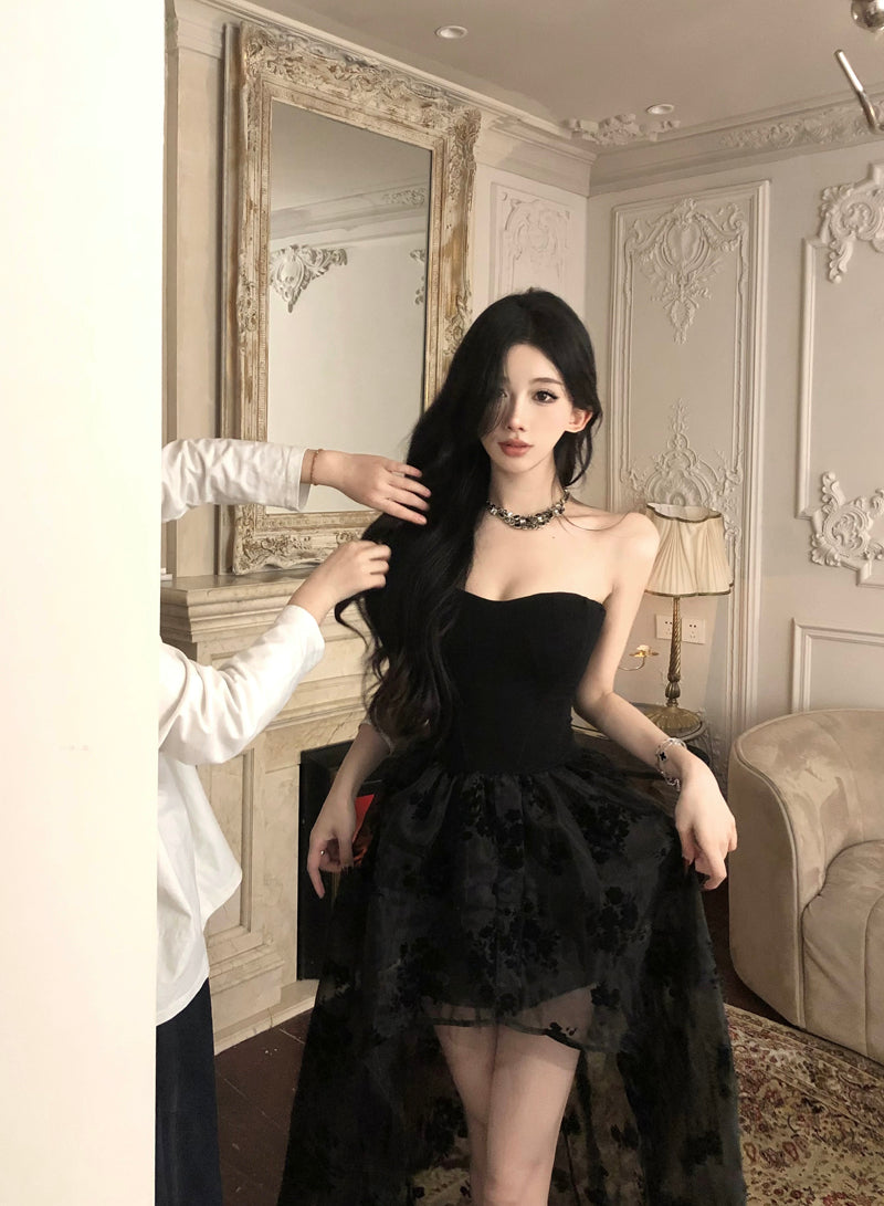 Gothic-Inspired Black Strapless High-Low Hem Maxi Dress Charming Embroidered Tulle Overlay Long Dress AP1768