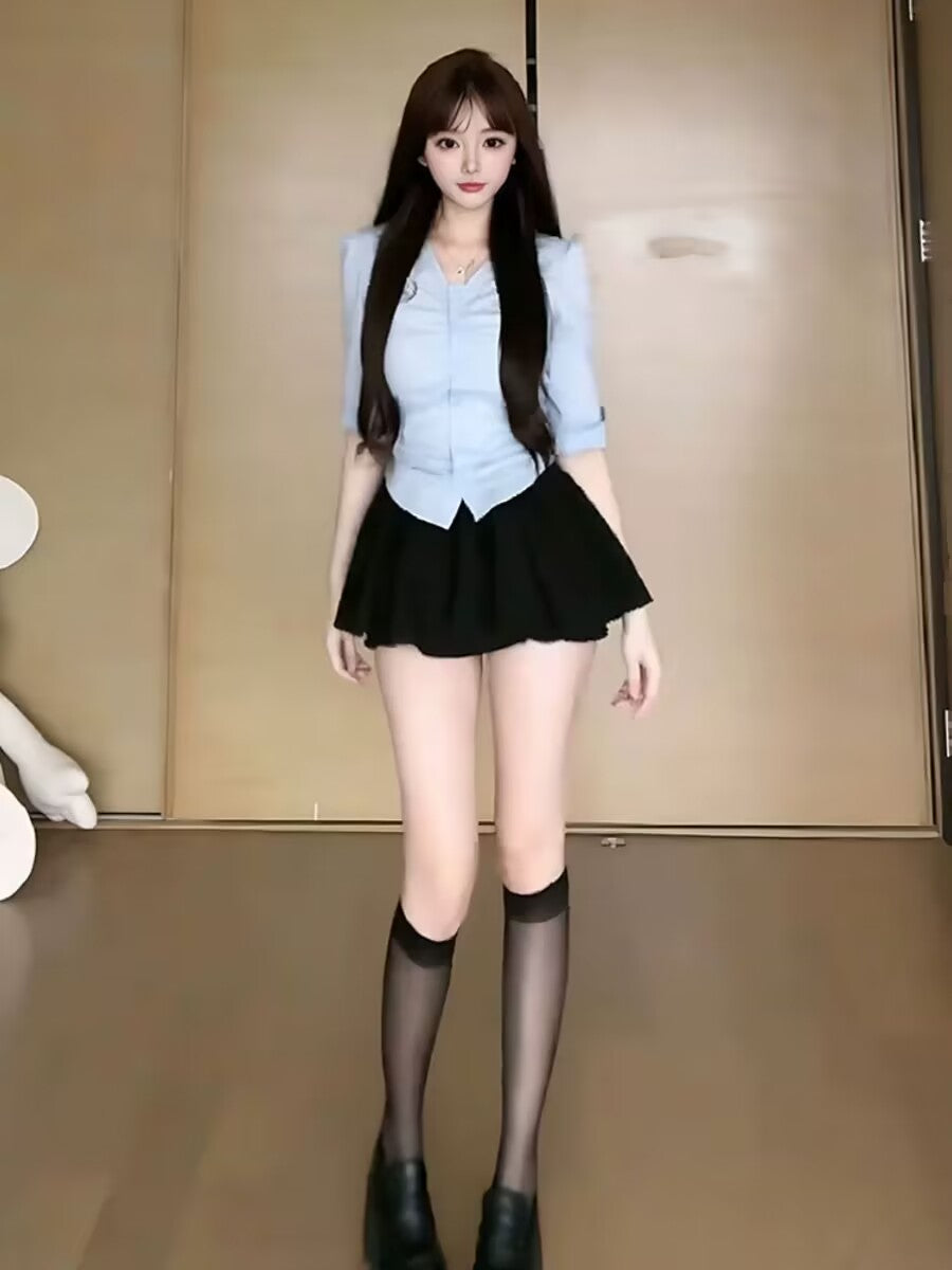 Everyday Wear 2-Piece Set Light Blue 3/4 Sleeve Mini Skirt School Theme Parties Outfit Black Bow Accent Black Pleated Short Dress AP1769