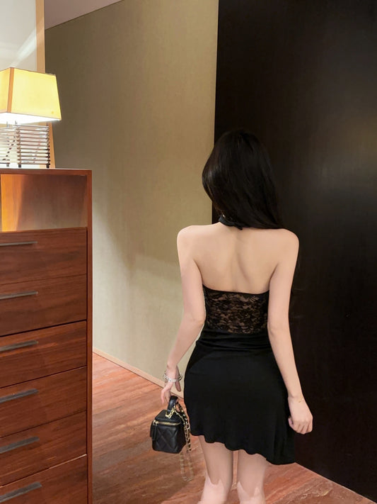 Romantic Lace-Trimmed Black Choker Neck Mini Skirt Vogue Backless Ruched Asymmetric Hem Halter Short Dress AP1771