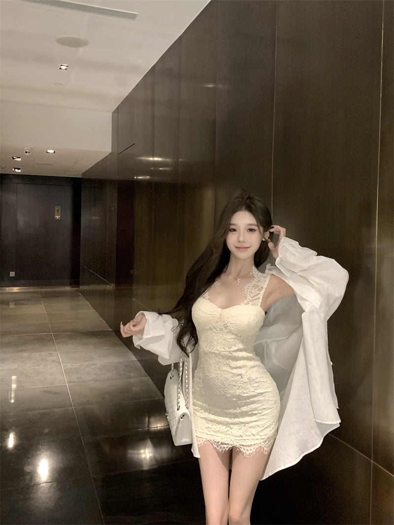 Glamorous White Lace Trimmed Strap Party Nights Mini Skirt Dreamy Sheath Sweetheart Neckline Short Dress AP1775