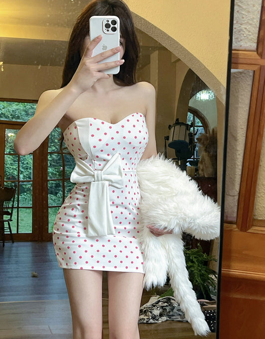 Cute Evening Parties Strapless Pink Polka Dots Mini Dress Vintage Cinched-Waist Bow Accent Sheath Short Dress AP1776