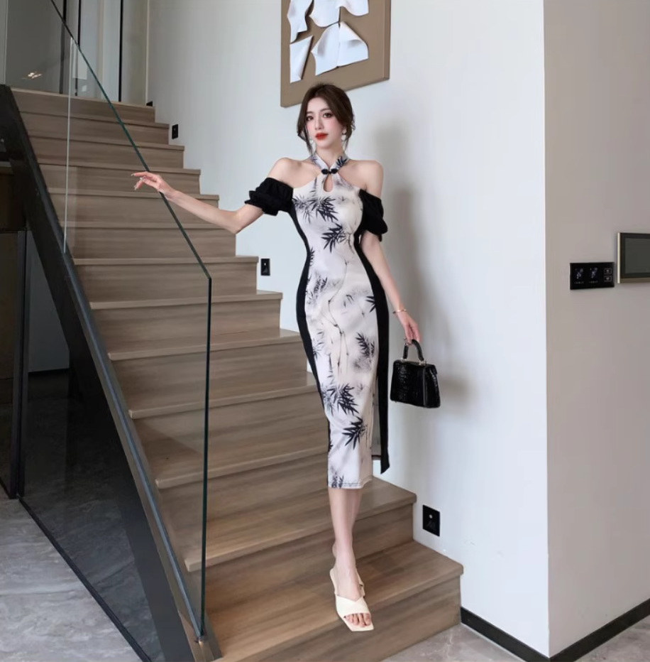 Oriental-Inspired Ink Bamboo Print Black Contrast Side Slit Midi Dress Elegant Off-Shoulder Halter Mandarin Collar Halter Long Dress AP1777