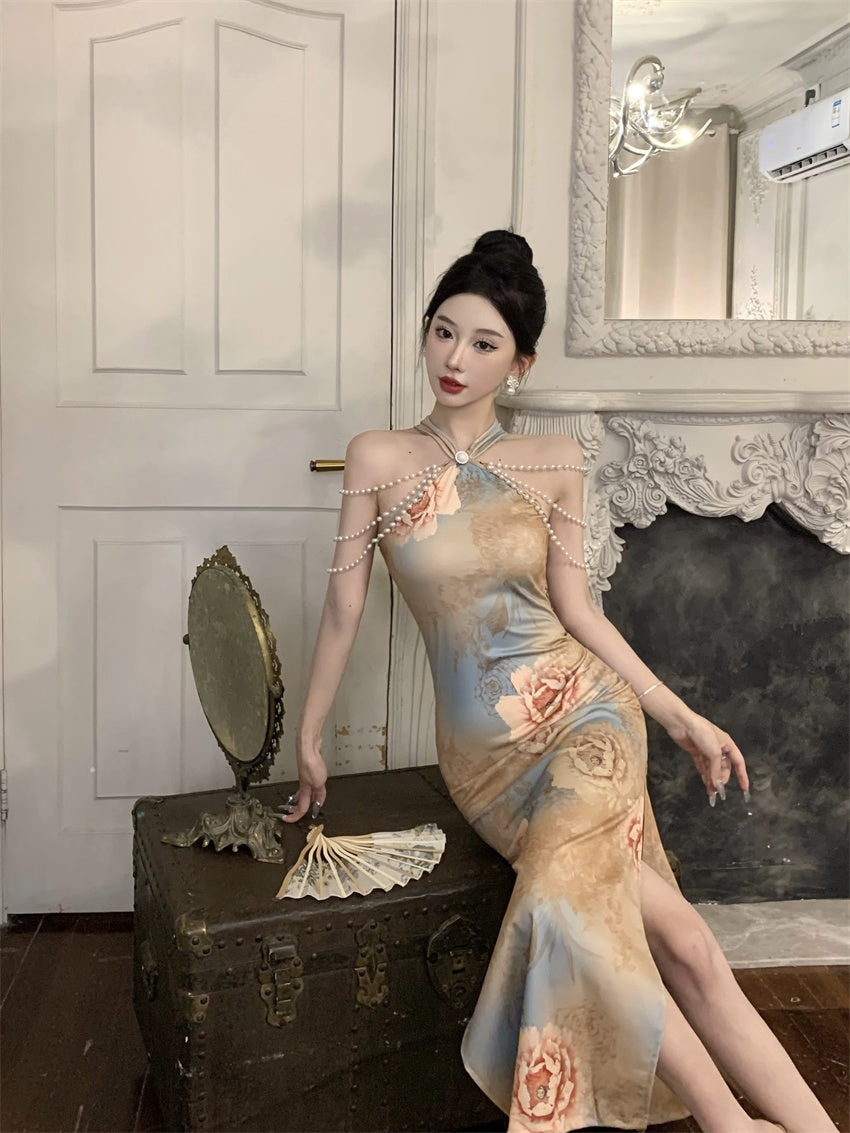 Opulent Pearl-Embellished Oriental Floral Print Mermaid Maxi Dress Unique Pearl Chains Off-Shoulder Halter Long Dress AP1780