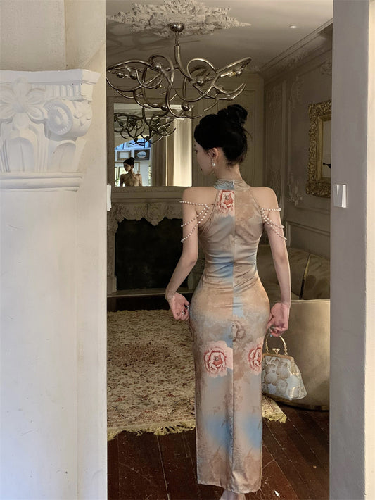 Opulent Pearl-Embellished Oriental Floral Print Mermaid Maxi Dress Unique Pearl Chains Off-Shoulder Halter Long Dress AP1780