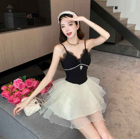 Graceful Party-Ready Spaghetti Strap Lace Trimmed Mini Skirt Unique White Layered Tulle Puff Hem Rhinestone Accent Short Dress AP1781