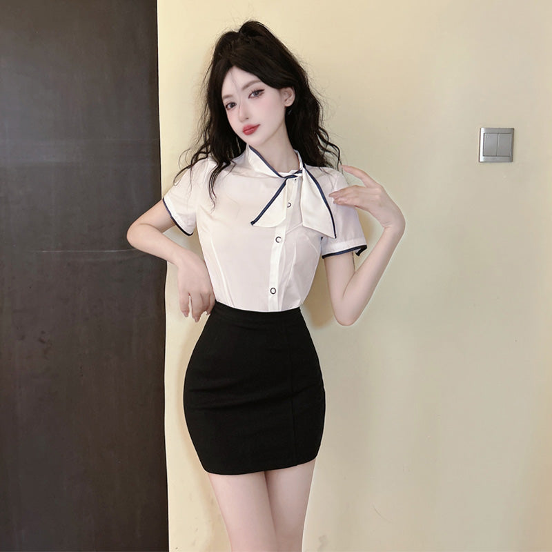 Unique 2-Piece Set Short Sleeve Bow Mini Skirt Everyday Wear Color-Block Black Bodycon Short Dress AP1785