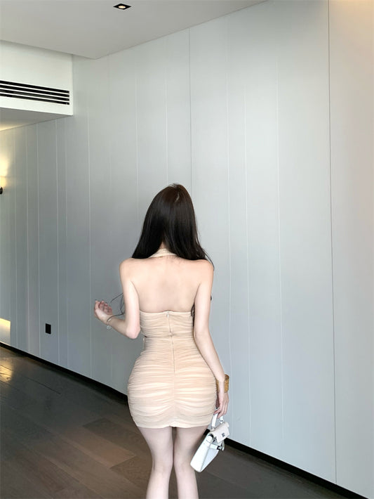 Vogue Ruched Bodycon Parties Outfit Mini Skirt Minimalist Hot Girls Backless Feast Occasion Halter Short Dress AP1789