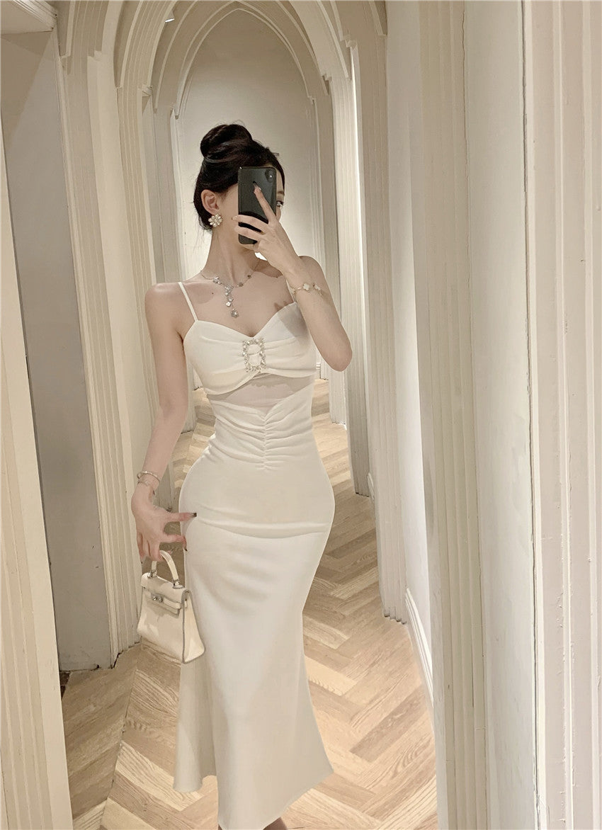 Romantic Cinched-Waist Ruched Detail Maxi Dress Evening Party Sheer Mesh Cutout Rhinestone Embellishment Spaghetti Strap Long Dress AP1790