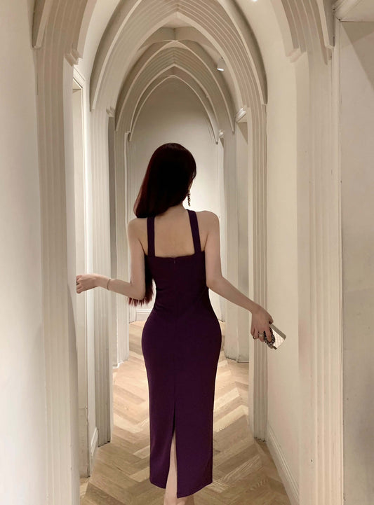 Unique Purple Bodycon Gold Clasp Detail Midi Dress Glamorous Romantic Dates Slit Hem Cinched-Waist Halter Long Dress AP1793