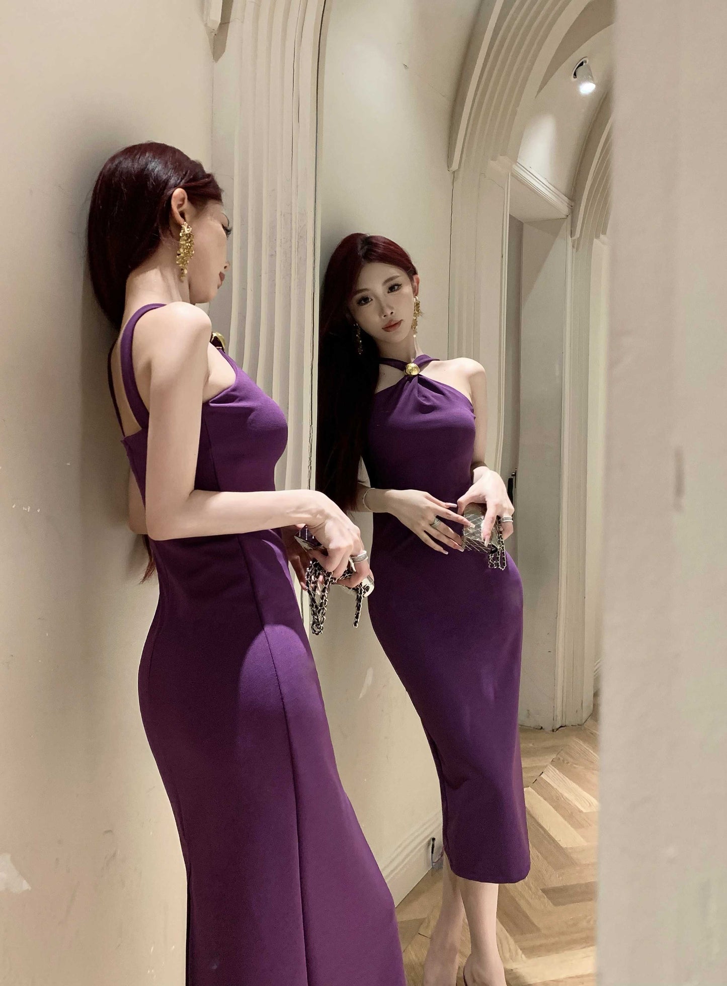 Unique Purple Bodycon Gold Clasp Detail Midi Dress Glamorous Romantic Dates Slit Hem Cinched-Waist Halter Long Dress AP1793