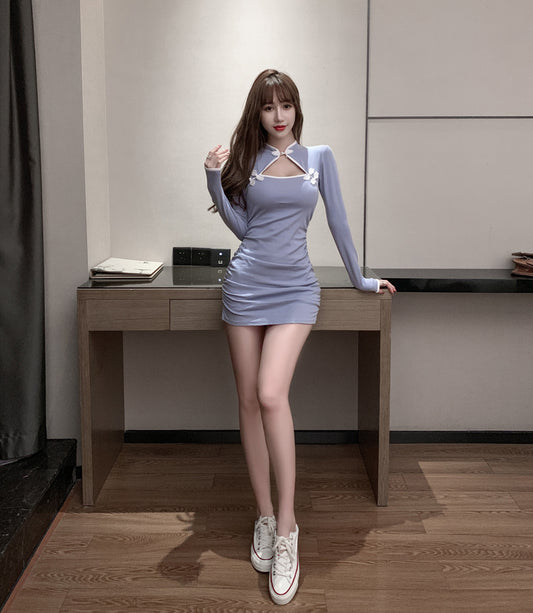 Modern Light Blue Long Sleeve Ruched Mini Skirt Everyday Wear Flower Accents Mandarin Collar Cutout Short Dress AP1794