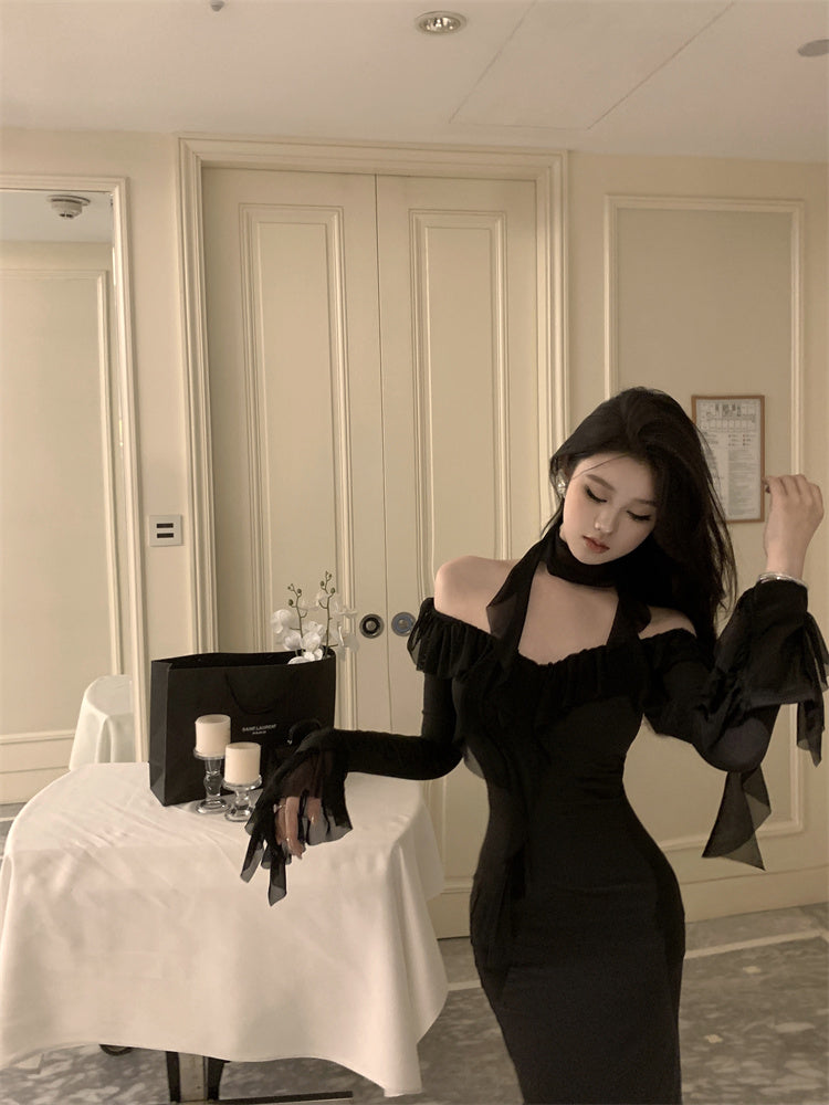 Graceful Black Bodycon Sheer Mesh Trimmed Off-Shoulder Maxi Dress Sexy Cutout Neckline Evening Parties Ruffles Neckline Long Dress AP1799