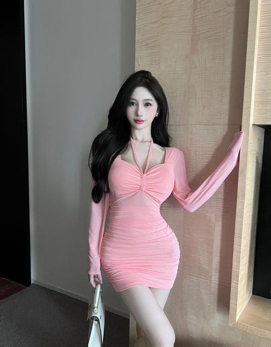 Charming Sheer Mesh Long Sleeve Ruched Mini Skirt Fashionable Pink Sheath Everyday Wear Parties Outfit Short Dress AP1800