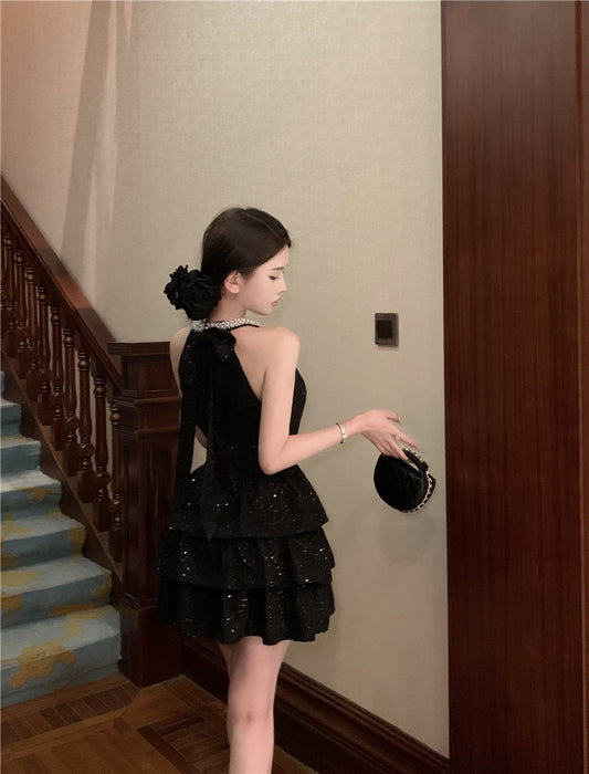 Charming Rhinestone-Collar Black Sequin Mini Skirt Unique Night Outs Tiered Hem Cutout Halter Short Dress AP1801
